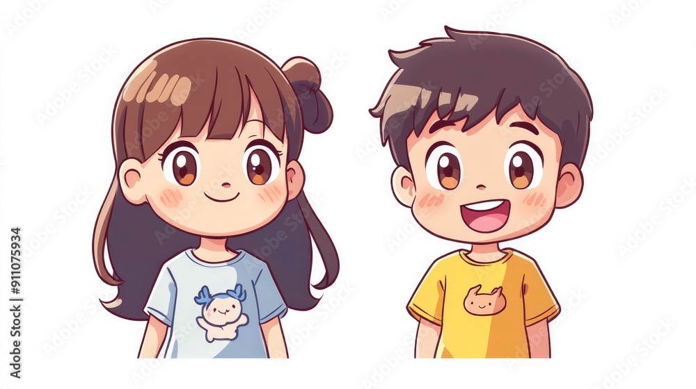 Cute and happy anime kid boy and girl mascots, perfect for t-shirt designs Cute and happy anime kid boy and girl mascots, perfect for t-shirt designs