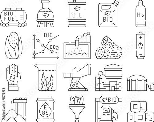 Biofuel Green Energy Collection Icons Set Vector. Biofuel Railway Carriage And Canister, Oil Barrel And Laboratory Flask, Bio Fuel Factory Black Contour Illustrations