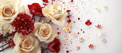 Fototapeta Naklejka Na Ścianę i Meble -  Corner arrangement of cream roses and red geraniums with glitter confetti on a white backdrop in a copy space image