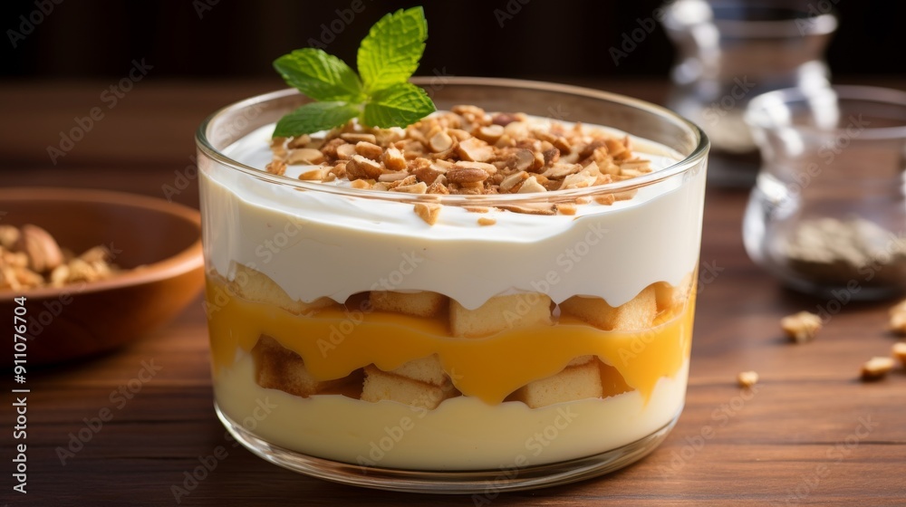 Layers of creamy custard in transparent dessert dish Layers of creamy custard in transparent dessert dish