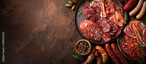 A rustic top view of a meat plate featuring various types of meat like salami prosciutto sausage and coppa set as a fresh appetizer or snack on a table with a food background providing copy space for photo