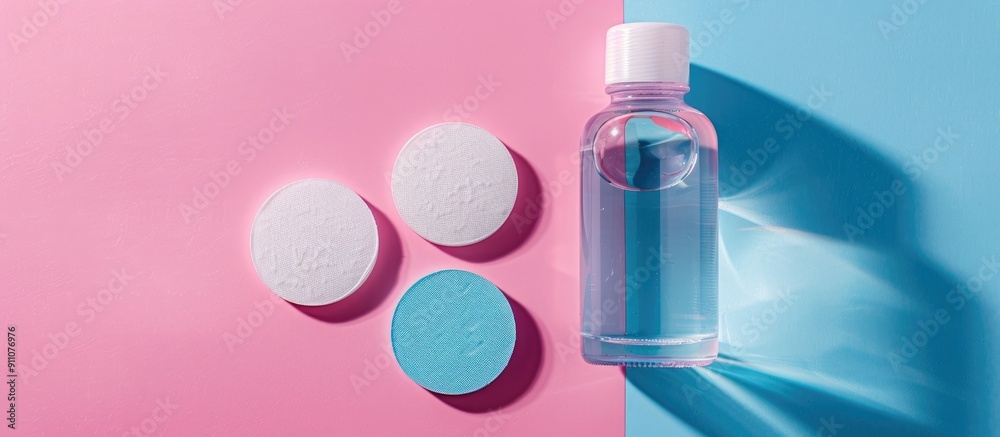Top view of micellar cleansing water and discs on colorful background for cosmetic removal and skin cleansing with copy space image Top view of micellar cleansing water and discs on colorful background for cosmetic removal and skin cleansing with copy space image