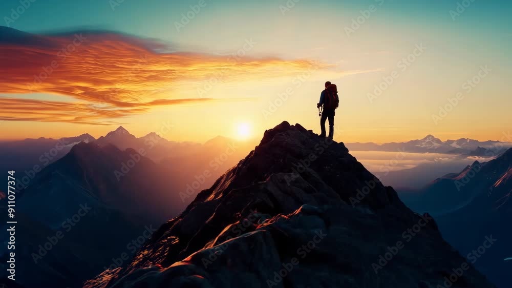 Hiker standing on a mountain peak at sunrise enjoying the view Hiker standing on a mountain peak at sunrise enjoying the view