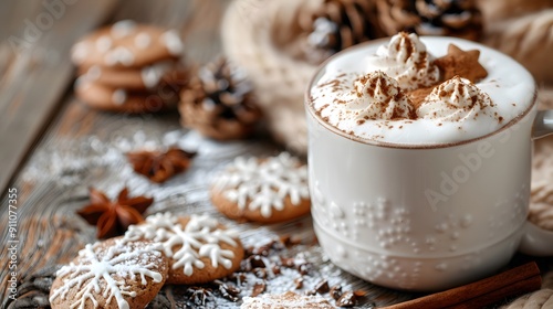 Fototapeta Naklejka Na Ścianę i Meble -  Festive Image: Styled Presentation of Christmas Cookies and Hot Chocolate
