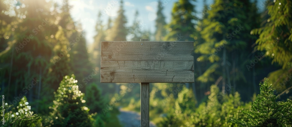 Fototapeta premium Beautiful wooden road sign in a serene forest setting with blue sky conveys a business concept of trust building with copy space for image inclusion