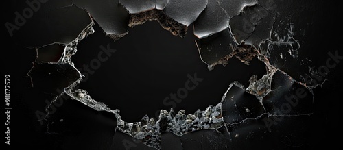 Close up of a torn window screen set against a black background with ample copy space image photo