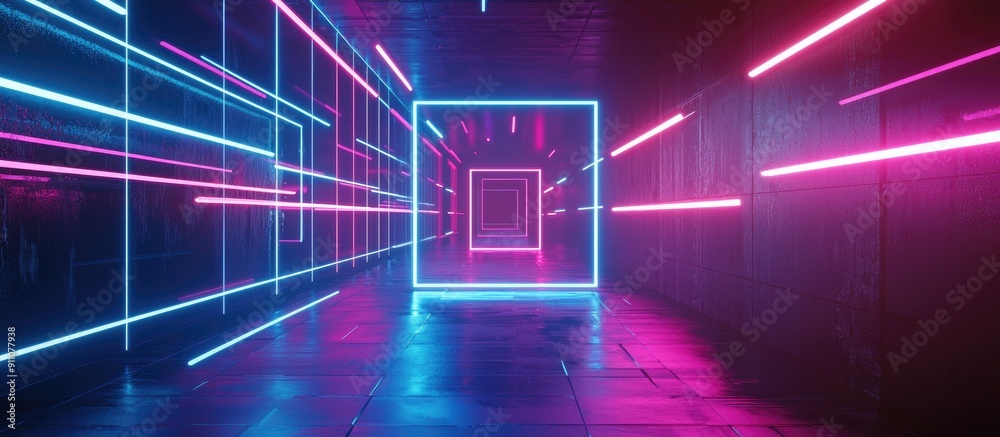 3D Render of a Neon Blue and Pink Square Portal Gate on a Hyper Speed Light Background Representing Advanced Digital Technology in an Abstract Futuristic Scene