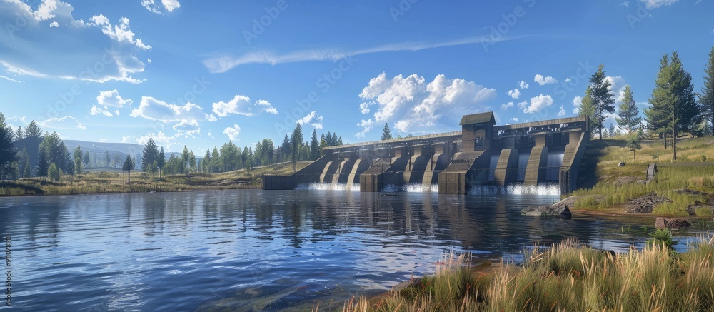 Sunlit scene with a dam building and blue sky. Copy space image. Place for adding text and design