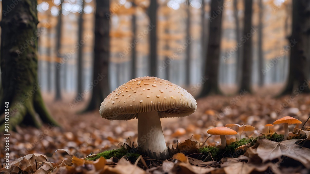 Close to mushroom on blurred forest background. Fall concept Close to mushroom on blurred forest background. Fall concept