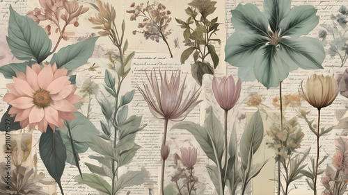 Pastel aesthetic botanical collage poster. Vintage floral background