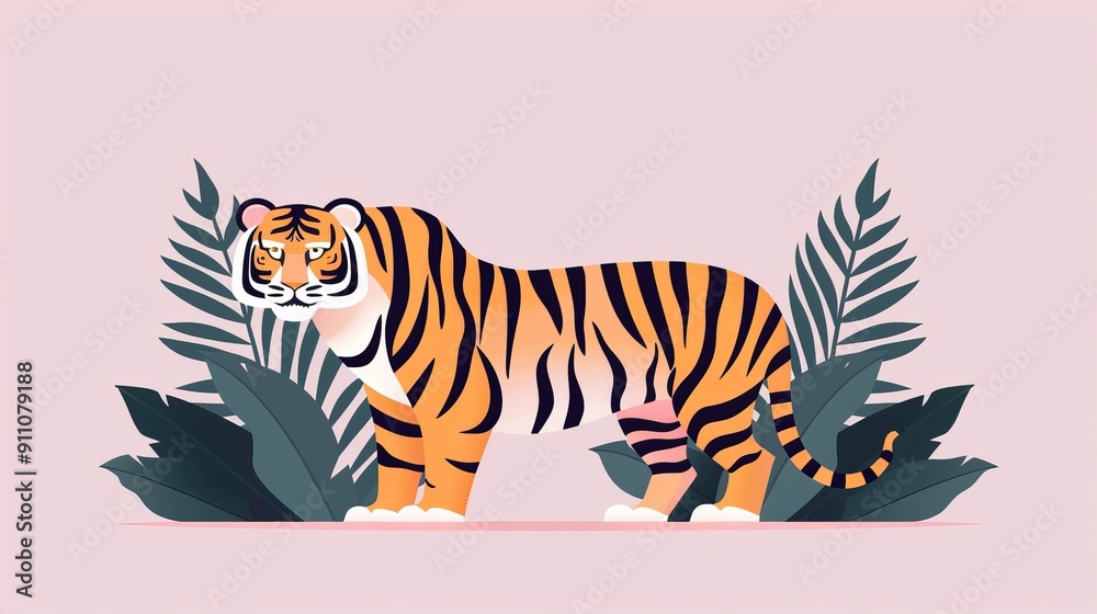 Tiger in a minimalist jungle, clean and basic vector illustration, bold and uncomplicated, flat colors, simple yet striking design