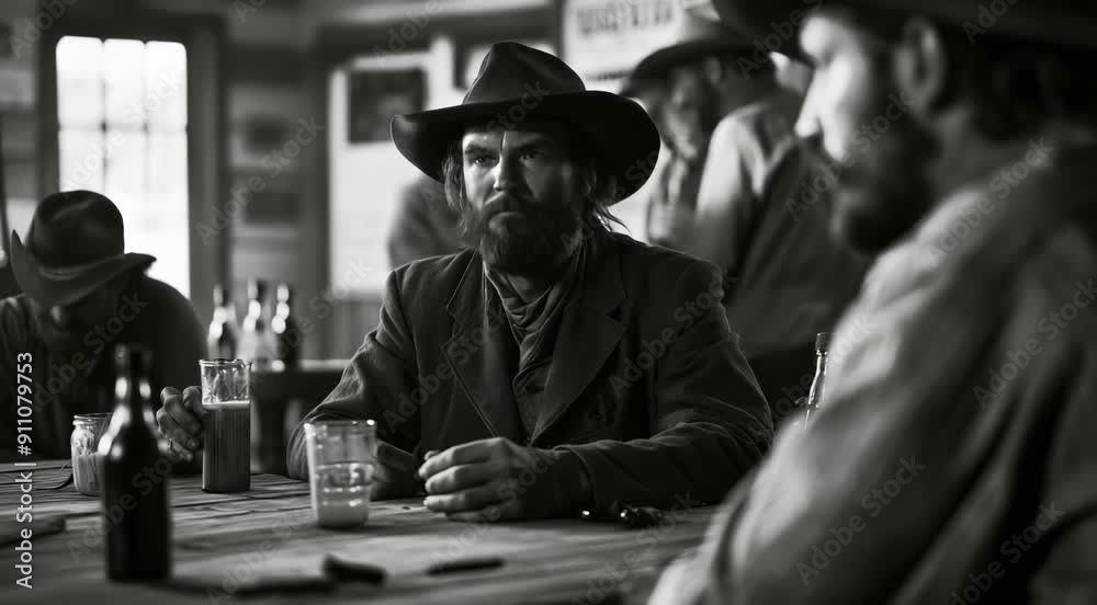 Black and white scene of a group of men in a historical setting, wearing cowboy hats, sitting around a table with drinks and engaging in conversation. Black and white scene of a group of men in a historical setting, wearing cowboy hats, sitting around a table with drinks and engaging in conversation.