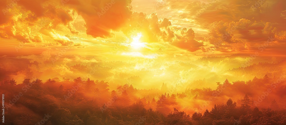 Obraz premium Vivid orange and yellow sunrise cascades over a sprawling forest as dramatic clouds deepen the scene Ample copy space for image