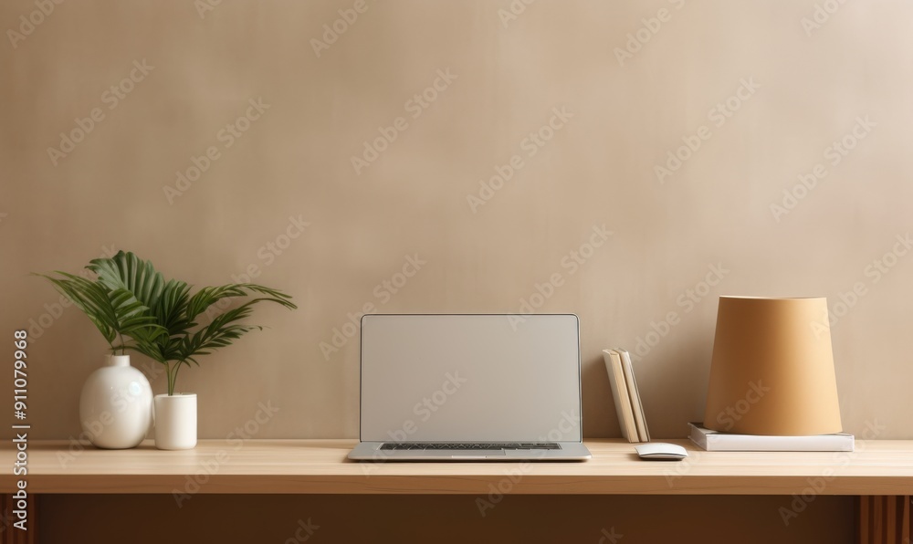 Fototapeta premium Minimalist home office workspace with a laptop, green plant in a white vase, and a lamp on a wooden desk against a beige wall.
