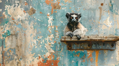 Lemur on a Rusty Shelf Against a Weathered Wall photo