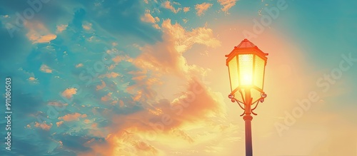 Vintage solar powered garden lamp isolated against the sky with copy space image highlighting the concept of alternative energy harnessed from the sun photo