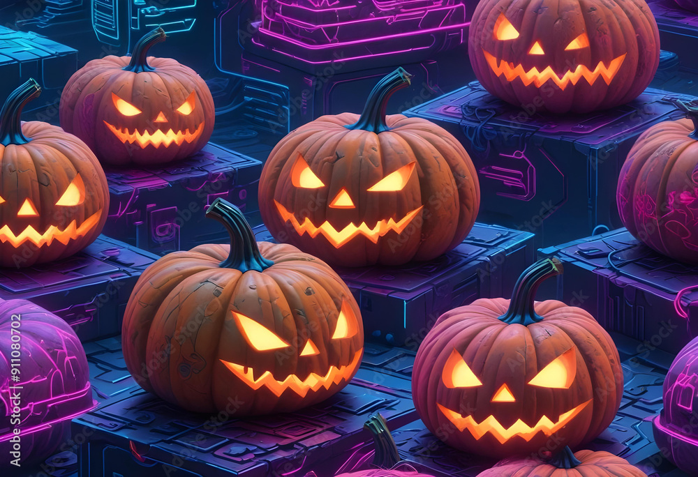 Neon Cyberpunk Pumpkin Glowing in Futuristic Style for Halloween Decor Neon Cyberpunk Pumpkin Glowing in Futuristic Style for Halloween Decor