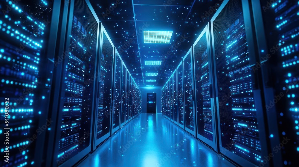 A futuristic server room with rows of servers and blue lights. A futuristic server room with rows of servers and blue lights.