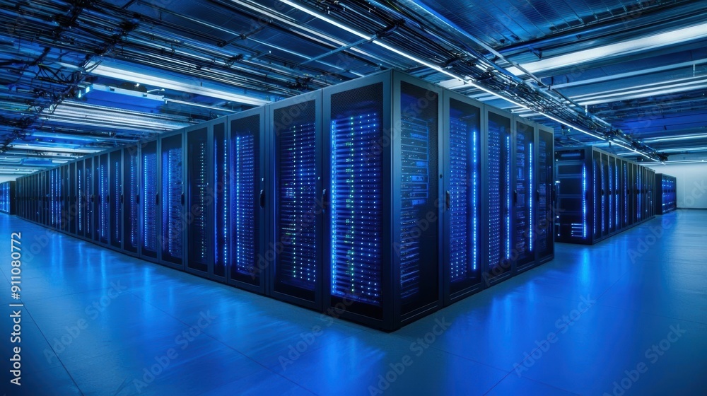 Rows of powerful servers in a modern data center. Rows of powerful servers in a modern data center.