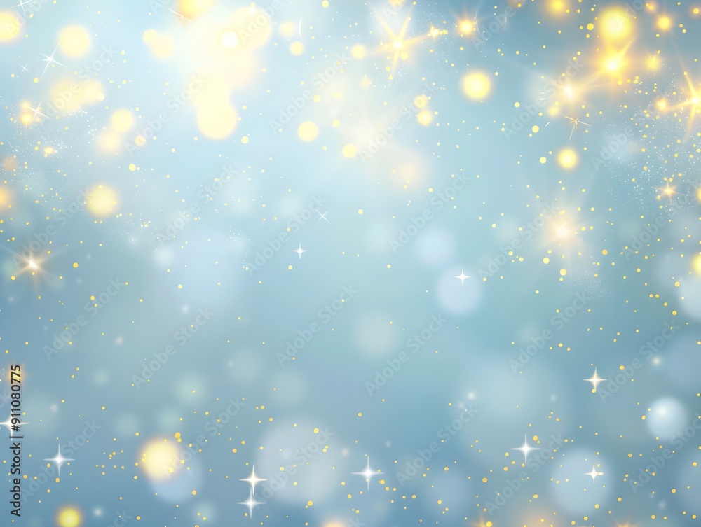 Light blue background with a light yellow glow, blurred light spots around the edges of the picture, shiny sparkles flying through the air, creating an atmosphere Light blue background with a light yellow glow, blurred light spots around the edges of the picture, shiny sparkles flying through the air, creating an atmosphere