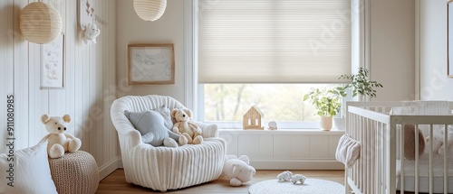 Block-out cellular blinds in a stylish nursery  with the blinds half-open  allowing a sliver of sunlight to illuminate a crib