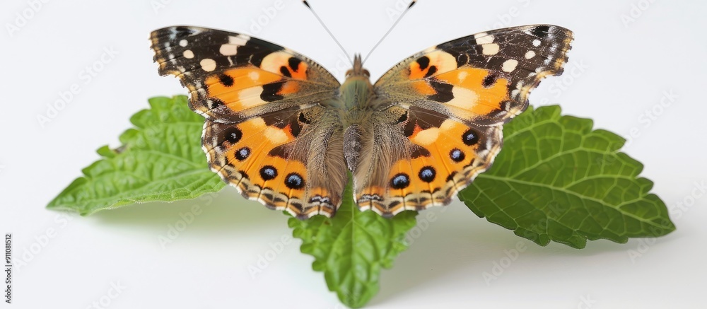 Obraz premium A Painted Lady butterfly rests on a green catnip leaf with a white backdrop ideal for a copy space image