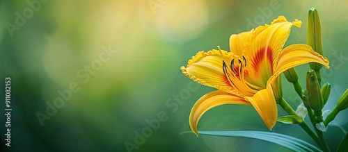 Close up image of a yellow day lily flower Hemerocallis with a soft green background suitable for copy space photo