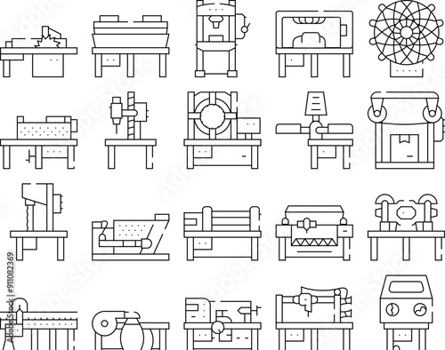 Industrial Machines Collection Icons Set Vector. Hot Pressing And Hydraulic Press, Drilling And Slotting Machines, Bandsaw And Serigraphy Black Contour Illustrations