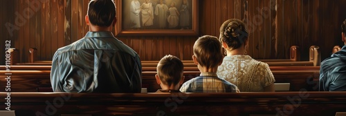 sharp image of a Christian family seated on a church bench, their backs facing the viewer as they