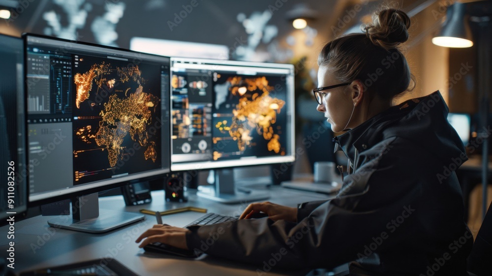 A woman is sitting at a desk with two computer monitors in front of her A woman is sitting at a desk with two computer monitors in front of her