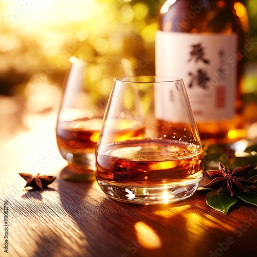 Japanese whisky in fine glass dark wood bar blurred bottlelined shelves warm golden glow detailed closeup sophisticated vibe photo