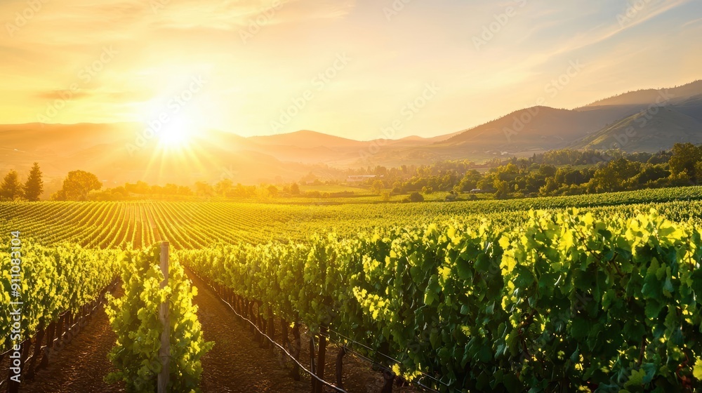 Fototapeta premium Vineyard at sunset with sun rays through the leaves