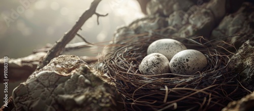 A photographic depiction of a perenjak s nest with eggs featuring a blank area for additional visual elements photo