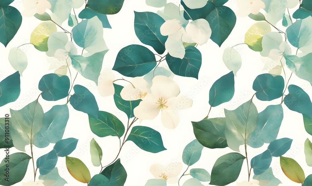A seamless pattern of teal and green tropical leaves, Generative AI A seamless pattern of teal and green tropical leaves, Generative AI