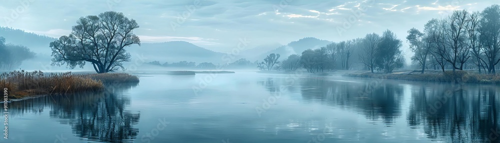 Tranquil river with smooth water and morning mist, peaceful dawn landscape Tranquil river with smooth water and morning mist, peaceful dawn landscape