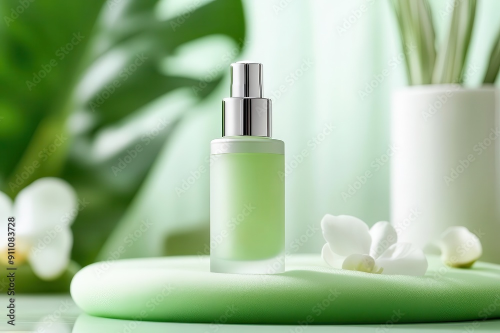 Elegant green cosmetic bottle surrounded by nature-inspired decor, perfect for skincare and beauty products. Elegant green cosmetic bottle surrounded by nature-inspired decor, perfect for skincare and beauty products.