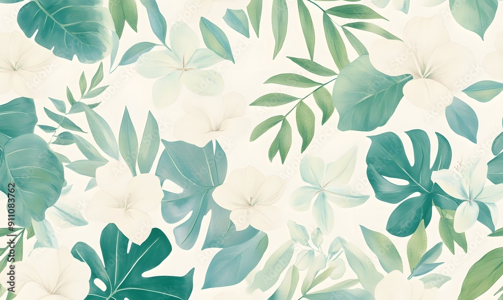 A seamless pattern of teal and green tropical leaves, Generative AI A seamless pattern of teal and green tropical leaves, Generative AI