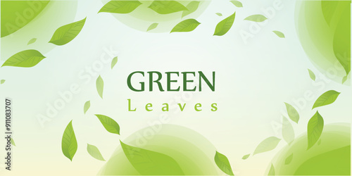 Flying green leaves effect with mild sunbeam in 3d illustration vector
