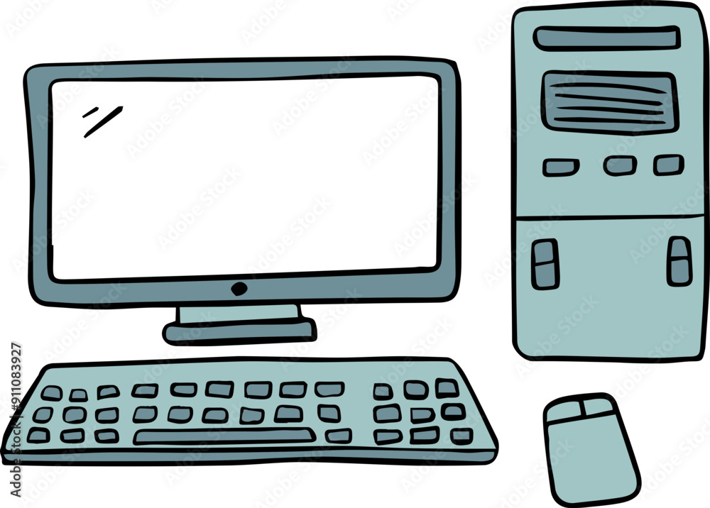 Hand drawn vector illustration of desktop computer with screen, mouse. IT technology, work from home, business connection concept. Isolated vector object, icon clipart Hand drawn vector illustration of desktop computer with screen, mouse. IT technology, work from home, business connection concept. Isolated vector object, icon clipart