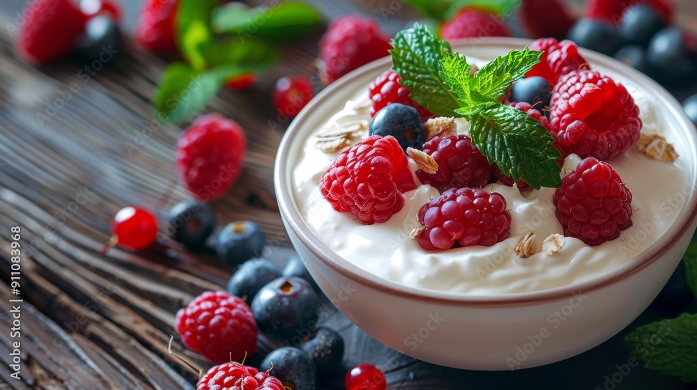 yogurt with fresh berries on a rustic wooden background.
