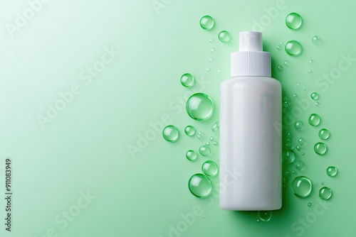 Minimalist white spray bottle on a green background with water droplets, perfect for beauty and skincare product promotions. photo