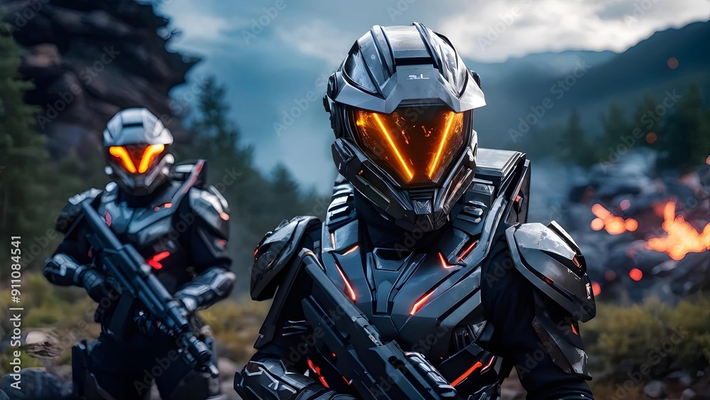 Futuristic soldiers with determined mood holding guns against fiery forest backdrop, sci-fi poster. Generative AI Futuristic soldiers with determined mood holding guns against fiery forest backdrop, sci-fi poster. Generative AI