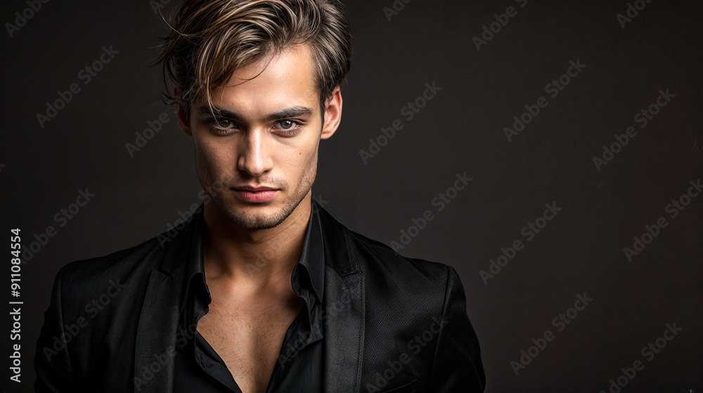 Fototapeta premium Young man in a black suit and shirt