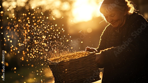 Nighttime village square witch moving crates telepathically glowing aura around crates soft lighting side angle high detail photo