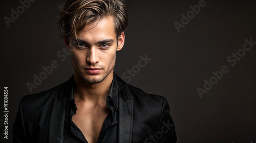 Young man in a black suit and shirt