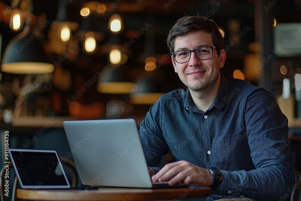 Smiling Businessman Working on Laptop in Coffee Shop, Dressed in Glasses and Casual Attire with Digital Tablet Smiling Businessman Working on Laptop in Coffee Shop, Dressed in Glasses and Casual Attire with Digital Tablet