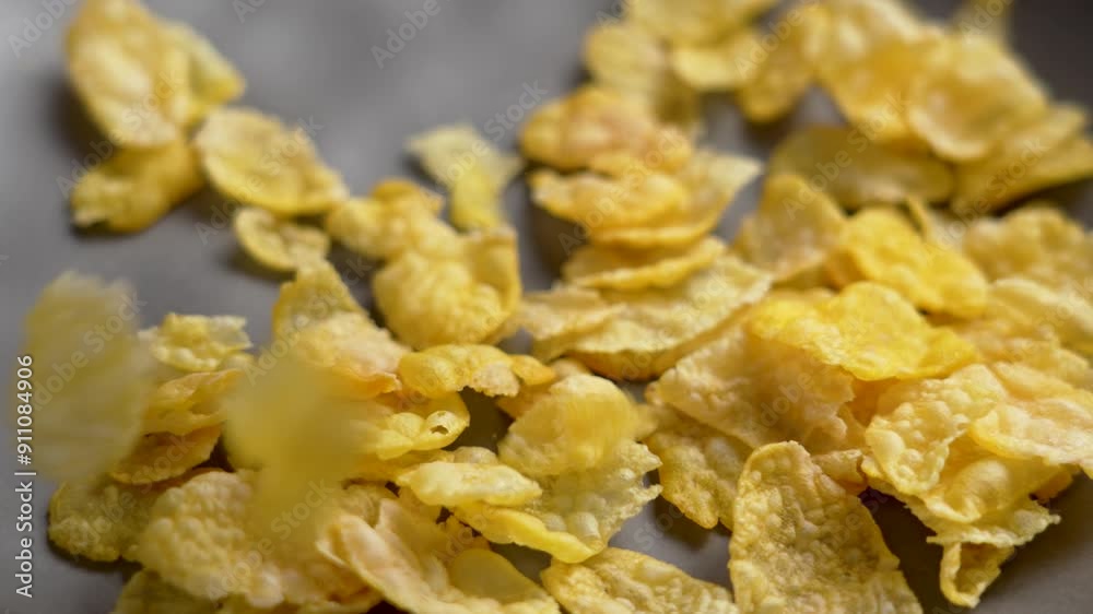 Hand takes a yellow uncooked crispy corn flakes. Breakfast cereal ingredient. Close up Hand takes a yellow uncooked crispy corn flakes. Breakfast cereal ingredient. Close up
