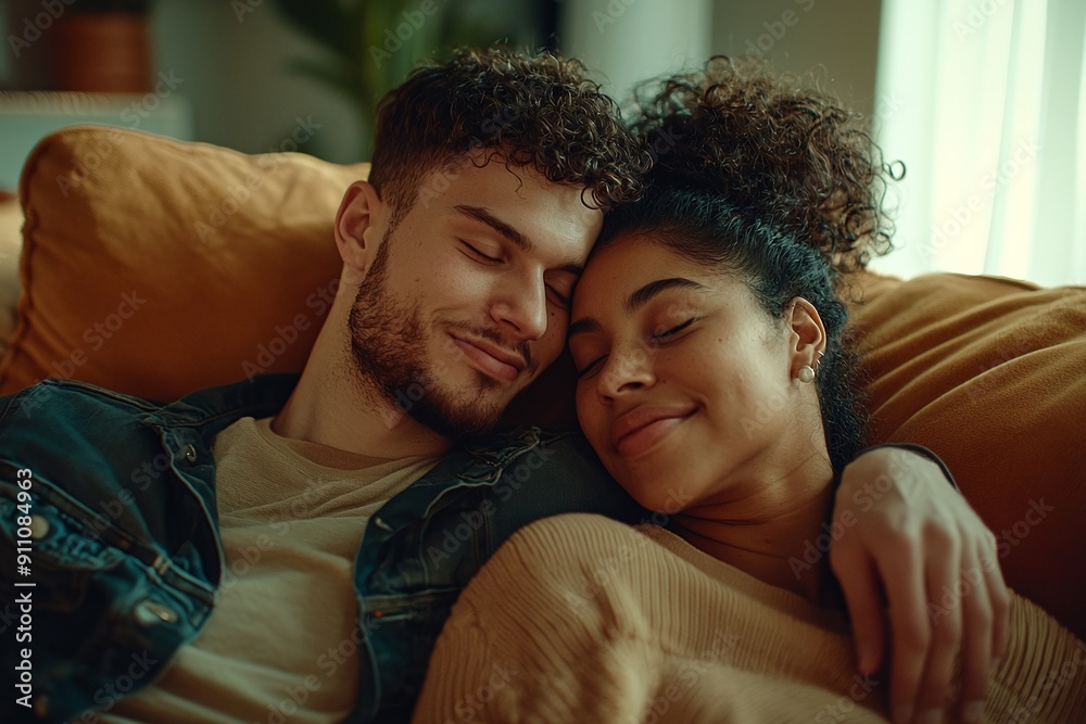 Young Hispanic Couple Sharing a Joyful Moment on a Sofa at Home in a Minimalist Cinematic Style. Young Hispanic Couple Sharing a Joyful Moment on a Sofa at Home in a Minimalist Cinematic Style.