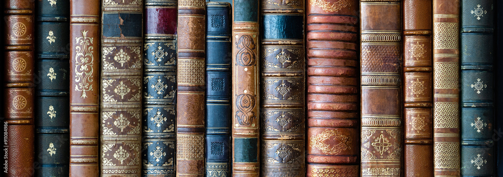 Old books on wooden shelf. Tiled Bookshelf background. Concept on the theme of history, nostalgia, old age. Retro style. The book is a symbol of knowledge. Old books on wooden shelf. Tiled Bookshelf background. Concept on the theme of history, nostalgia, old age. Retro style. The book is a symbol of knowledge.