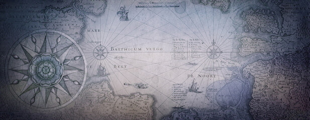 Old map collage background. A concept on the topic of sea voyages, discoveries, pirates, sailors, geography, travel and history. Pirate, travel and nautical background.